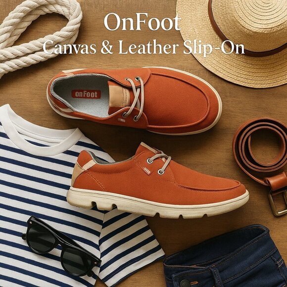 OnFoot Orange Canvas & Leather Slip-On Sneakers Gum Sole Men’s 9 EU 42 - Picture 14 of 14